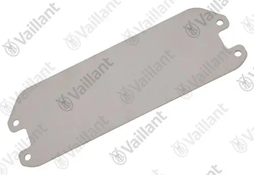 Edelstahlplatte von Vaillant, verwendet als Ersatzteil möglicherweise für einen Wärmetauscher. Flach mit zwei Befestigungslöchern an den Seiten.